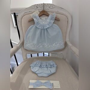 🦢 6~9 Mth Joie Baby Blue Dress with Ruffles & Floral Embroidery 3 Piece Set NWT